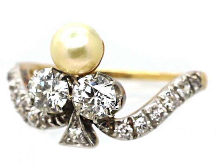 Edwardian 18ct Gold & Platinum Tiara Ring set with Diamonds & a Natural Pearl