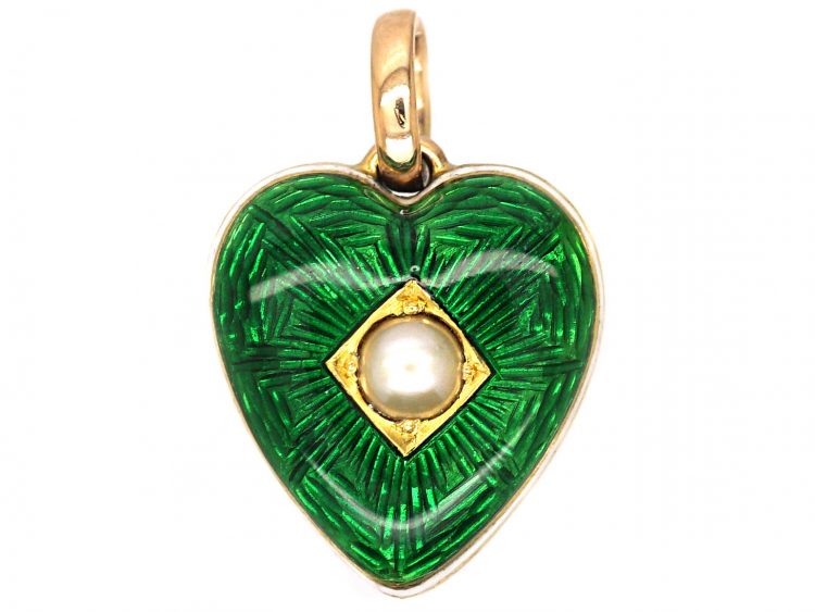 Edwardian 15ct Gold & Green & White Enamel Heart Shaped Pendant set with a Natural Split Pearl