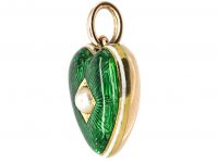 Edwardian 15ct Gold & Green & White Enamel Heart Shaped Pendant set with a Natural Split Pearl