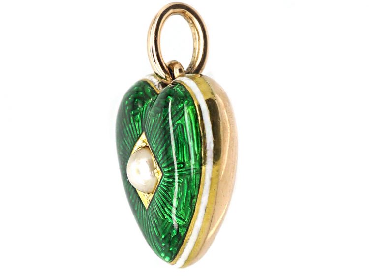 Edwardian 15ct Gold & Green & White Enamel Heart Shaped Pendant set with a Natural Split Pearl