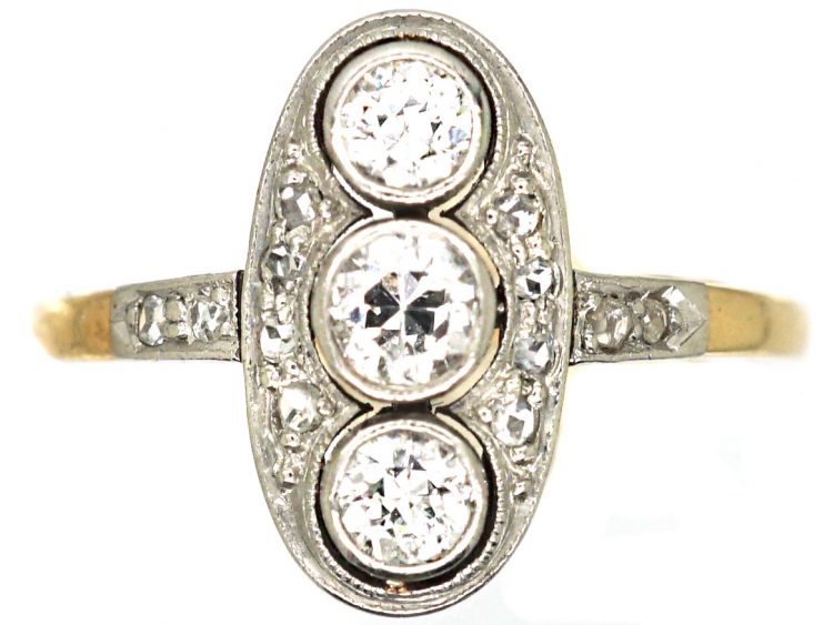 Edwardian 18ct. Gold & Platinum Three Stone Diamond Oval Ring with Rose Diamond Detail