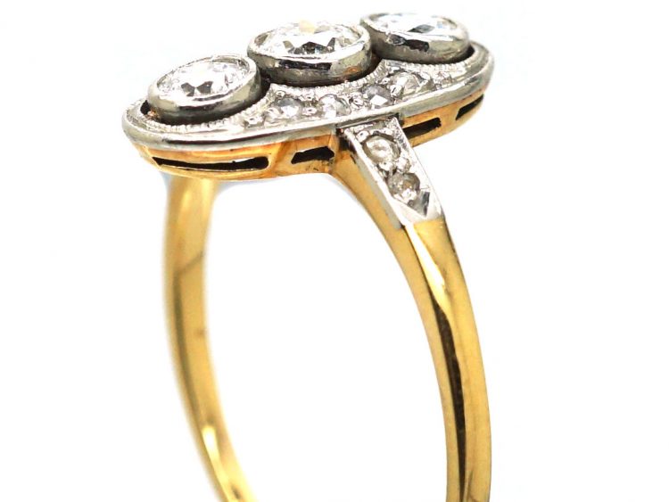 Edwardian 18ct. Gold & Platinum Three Stone Diamond Oval Ring with Rose Diamond Detail