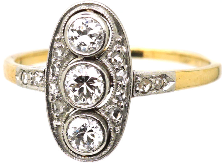 Edwardian 18ct. Gold & Platinum Three Stone Diamond Oval Ring with Rose Diamond Detail