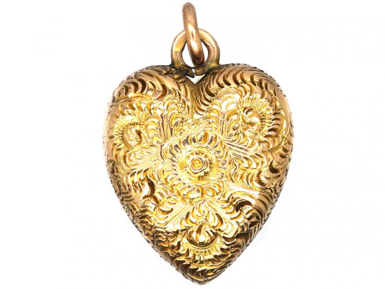 Edwardian 9ct Gold Repousse Heart Shaped Floral Pendant