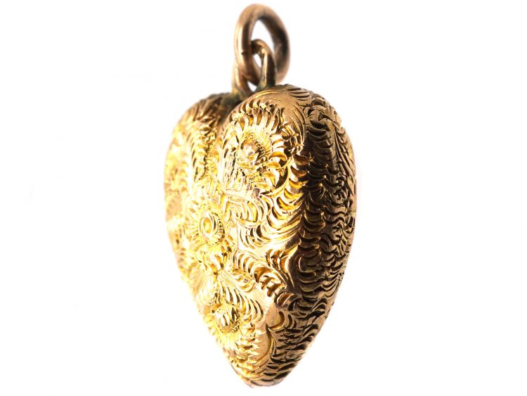 Edwardian 9ct Gold Repousse Heart Shaped Floral Pendant