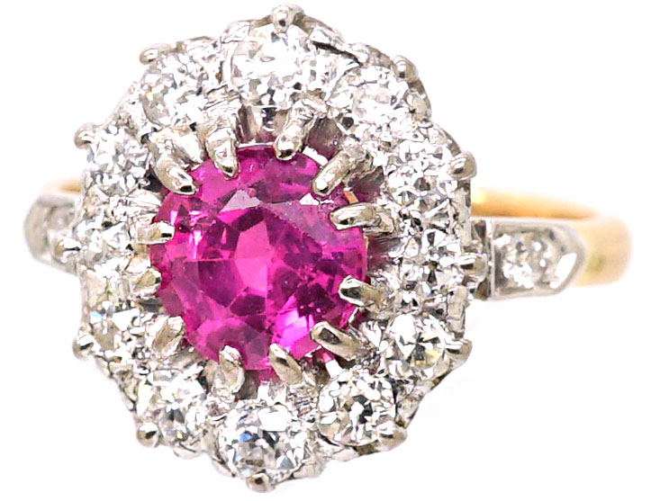 Early 20th Century 18ct Gold & Platinum, Pink Sapphire & Diamond Cluster Ring