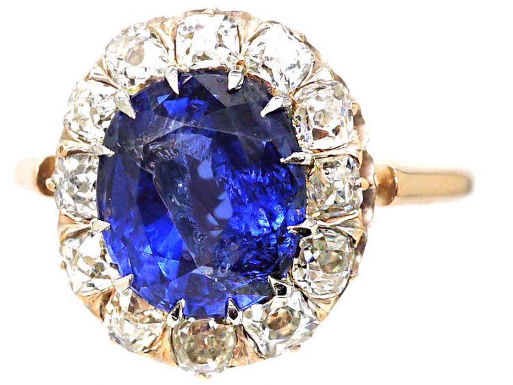 Early 20th Century Natural Unheated Sri Lankan Sapphire & Diamond Cluster Ring