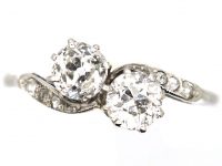 Edwardian 18ct White Gold Two Stone Crossover Ring with Rose Diamond Set Shoulders