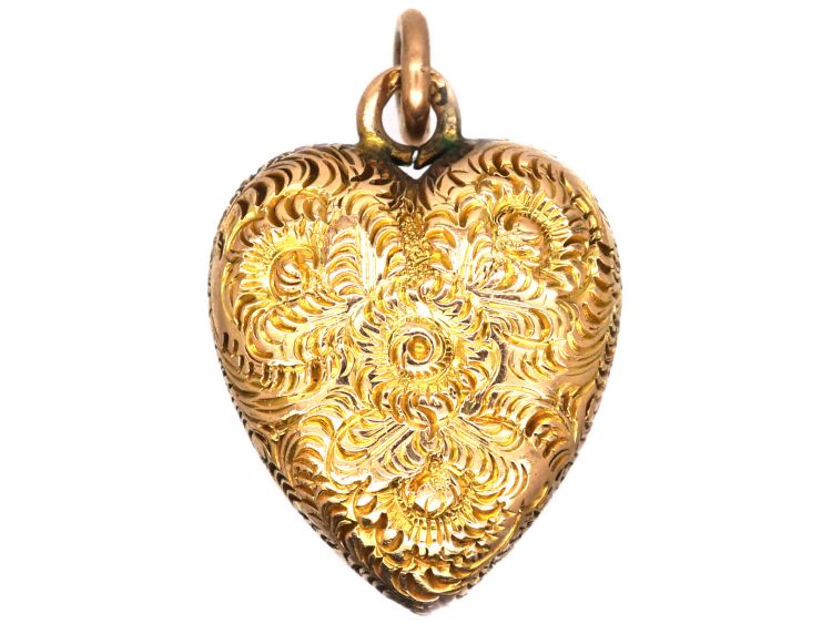 Edwardian 9ct Gold Repousse Heart Shaped Floral Pendant