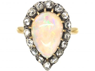 French Early 20th Century 18ct Gold, Opal & Rose Diamond Pear Shaped Ring