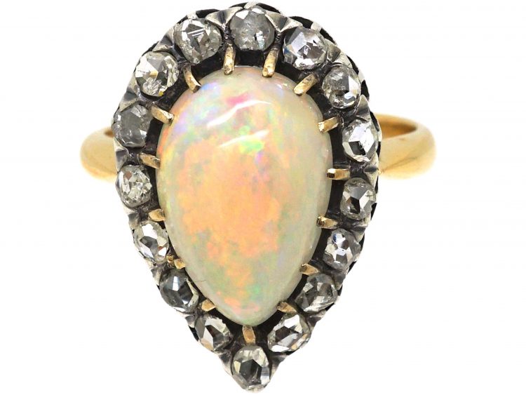 French Early 20th Century 18ct Gold, Opal & Rose Diamond Pear Shaped Ring