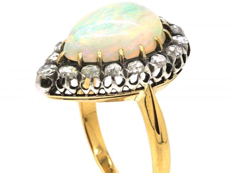 French Early 20th Century 18ct Gold, Opal & Rose Diamond Pear Shaped Ring