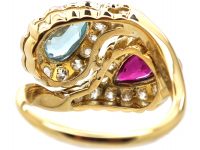 Mid 20th Century 18ct Gopd & Platinum, Stylised Double Snake Ring set with a Ruby, Aquamarine & Diamonds