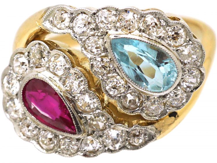 Mid 20th Century 18ct Gopd & Platinum, Stylised Double Snake Ring set with a Ruby, Aquamarine & Diamonds