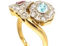 Mid 20th Century 18ct Gopd & Platinum, Stylised Double Snake Ring set with a Ruby, Aquamarine & Diamonds