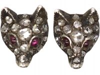 Edwardian Fox Head Earrings set with Rose Diamonds with Cabochon Ruby Eyes