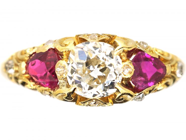 Victorian 18ct Gold, Heart Shaped Ruby & Diamond Three Stone Ring