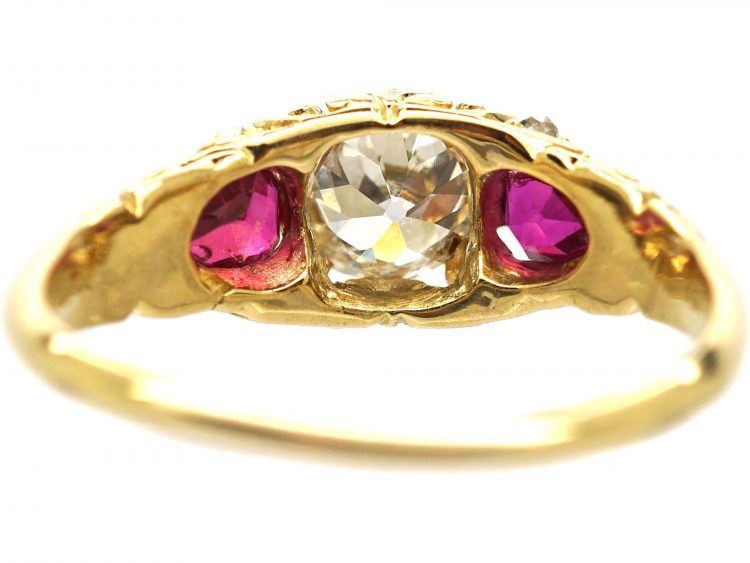 Victorian 18ct Gold, Heart Shaped Ruby & Diamond Three Stone Ring