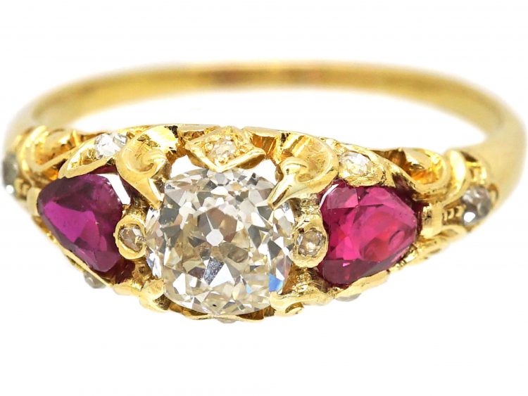 Victorian 18ct Gold, Heart Shaped Ruby & Diamond Three Stone Ring