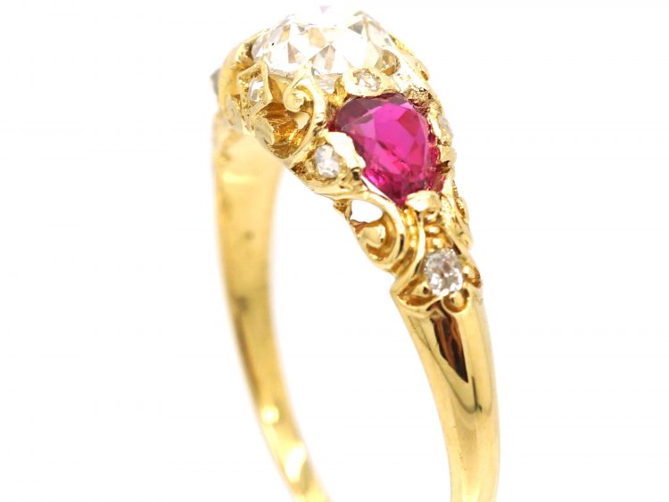 Victorian 18ct Gold, Heart Shaped Ruby & Diamond Three Stone Ring