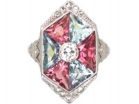 Art Deco 18ct White Gold Kite Shaped Ring set with Aquamarines & Pink Tourmalines