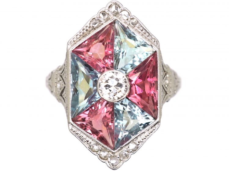 Art Deco 18ct White Gold Kite Shaped Ring set with Aquamarines & Pink Tourmalines