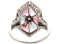 Art Deco 18ct White Gold Kite Shaped Ring set with Aquamarines & Pink Tourmalines