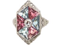 Art Deco 18ct White Gold Kite Shaped Ring set with Aquamarines & Pink Tourmalines