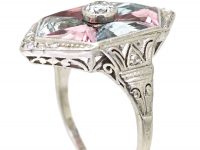 Art Deco 18ct White Gold Kite Shaped Ring set with Aquamarines & Pink Tourmalines