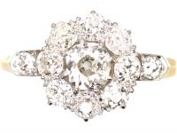 Edwardian 18ct Gold & Platinum, Diamond Cluster Ring with Diamond Set Shoulders