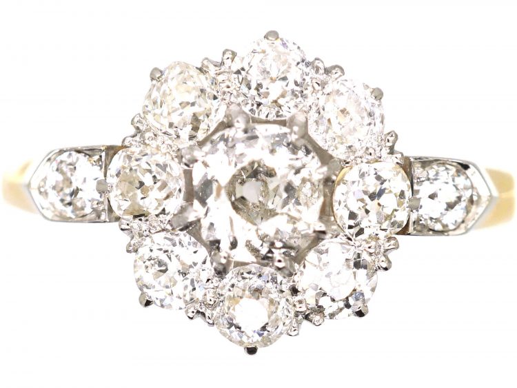 Edwardian 18ct Gold & Platinum, Diamond Cluster Ring with Diamond Set Shoulders