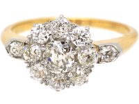 Edwardian 18ct Gold & Platinum, Diamond Cluster Ring with Diamond Set Shoulders