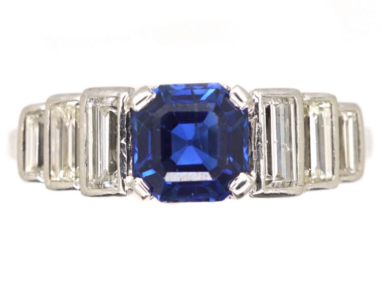 Art Deco Platinum, Sapphire & Baguette Cut Diamond Ring