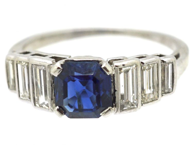 Art Deco Platinum, Sapphire & Baguette Cut Diamond Ring