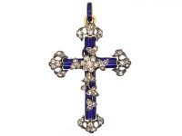 Victorian 15ct Gold & Silver, Blue Enamel Diamond Set Cross