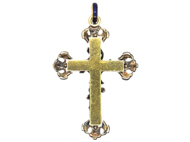 Victorian 15ct Gold & Silver, Blue Enamel Diamond Set Cross