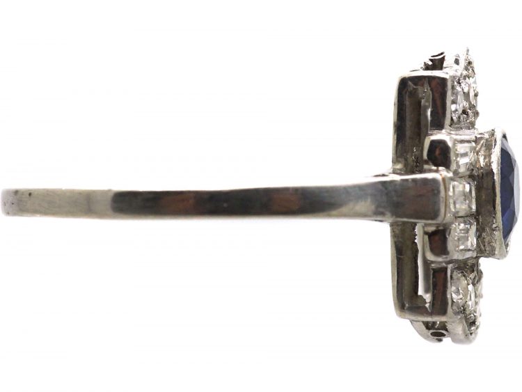 Art Deco Platinum Ring set with a Sapphire & Round & Baguette Cut Diamonds