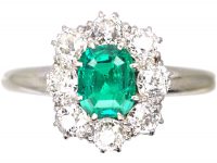 Edwardian 18ct White Gold,  Emerald & Diamond Cluster Ring