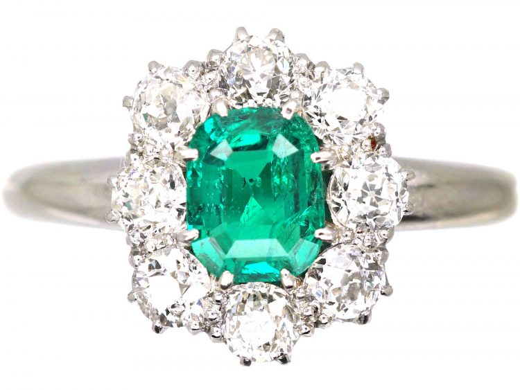 Edwardian 18ct White Gold,  Emerald & Diamond Cluster Ring