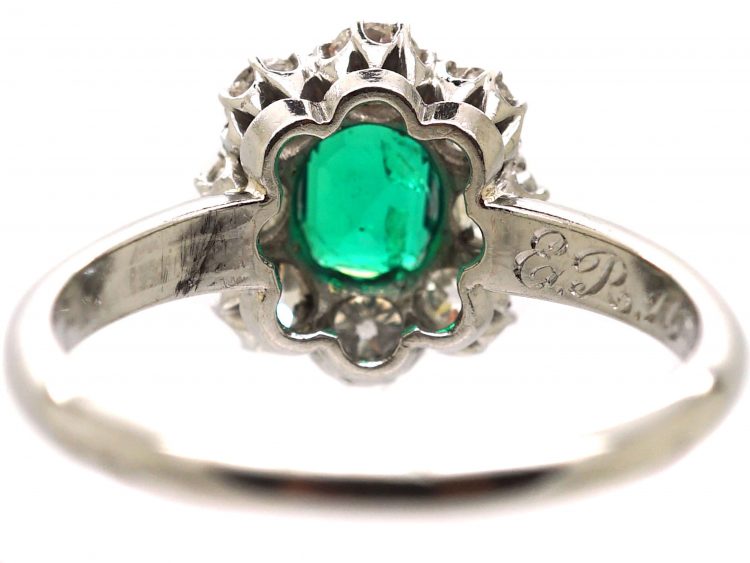 Edwardian 18ct White Gold,  Emerald & Diamond Cluster Ring