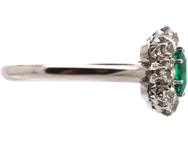 Edwardian 18ct White Gold,  Emerald & Diamond Cluster Ring