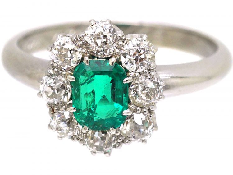 Edwardian 18ct White Gold,  Emerald & Diamond Cluster Ring