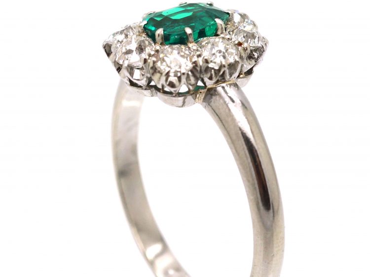 Edwardian 18ct White Gold,  Emerald & Diamond Cluster Ring