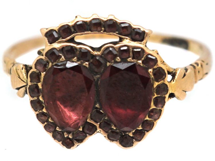 Georgian 9ct Gold Twin Hearts Ring set with Flat Cut Almandine Garnets