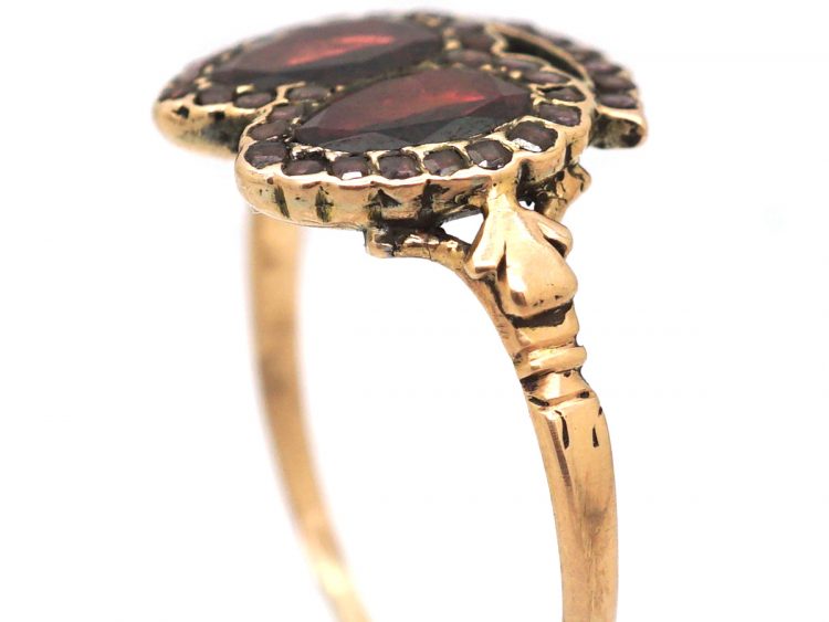 Georgian 9ct Gold Twin Hearts Ring set with Flat Cut Almandine Garnets