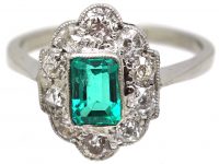 Art Deco 18ct White Gold & Platinum, Emerald & Diamond Oval Cluster Ring