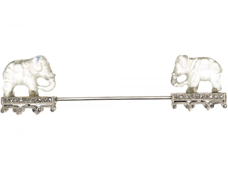 Art Deco Platinum Male & Female Carved Rock Crystal & Diamond Elephant Sûreté Pin
