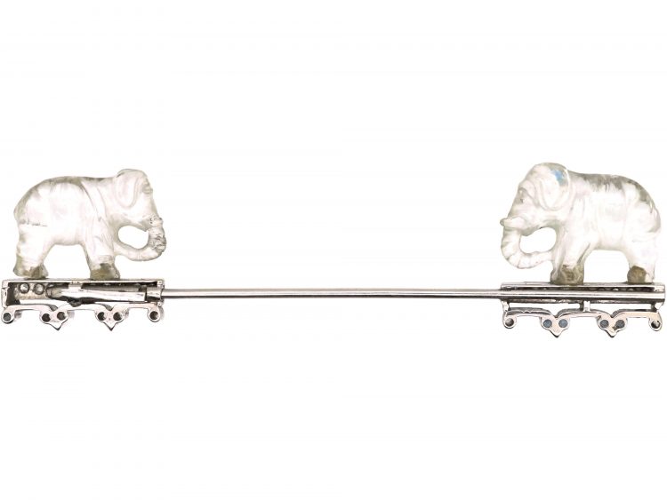 Art Deco Platinum Male & Female Carved Rock Crystal & Diamond Elephant Sûreté Pin
