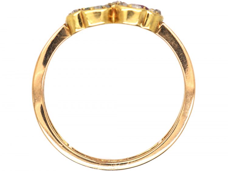 Edwardian 15ct Gold Double Heart Ring set with an Emerald & a Ruby & Rose Diamonds