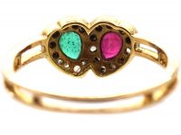 Edwardian 15ct Gold Double Heart Ring set with an Emerald & a Ruby & Rose Diamonds